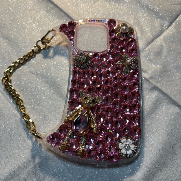 Accessories - Pink Rhinestone Phone Case with Gold Accents